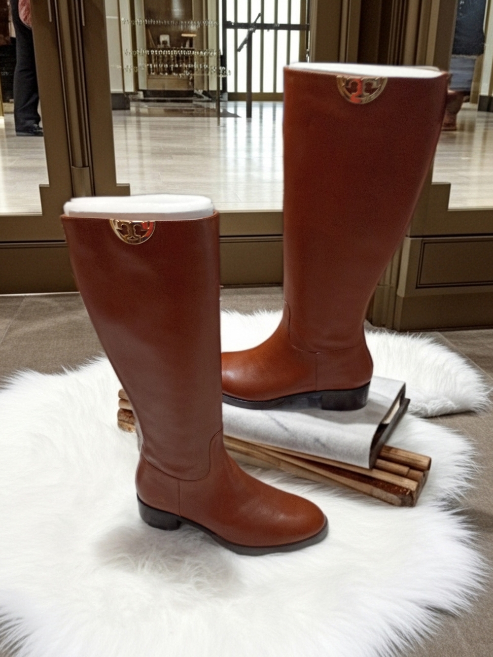 Tory Burch Sidney Chestnut Brown Leather Riding Boots Rear Zip 8.5M